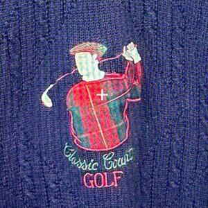 Vtg. Pringle Mens L Pullover Chunky‎ Knit Sweater Embroidered Golf Graphic Blue